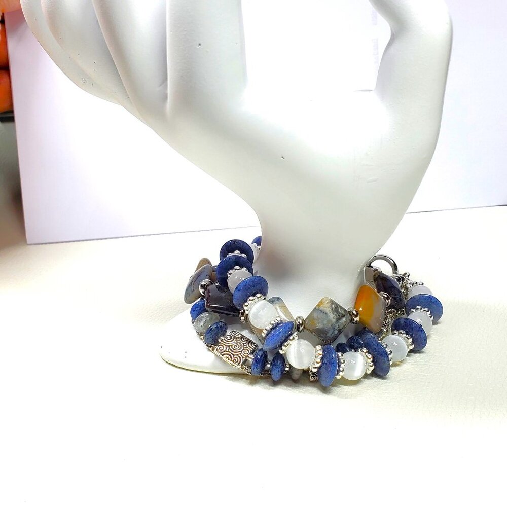 Three Layer Blue Gemstone Bracelet Statement Clus… - image 2